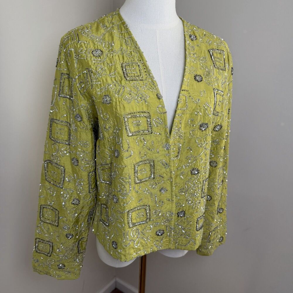 Chico's Women's 100% Silk Beaded Bolero Jacket, Lime Green, Size 1 (Small)